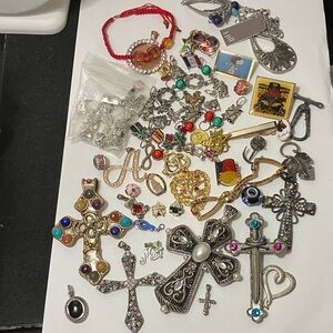 Mini charms, pendants, pins, lot, crosses, wearable.